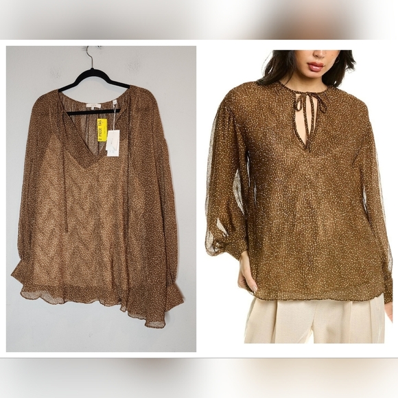 NWT Vince Brown Starry Dot Tie Neck Blouse with camisole. Size XXL. - Picture 1 of 16